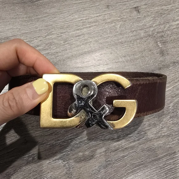 Dolce & Gabbana Brown Leather Belt with Gold and Silver Logo Buckle - Picture 1 of 7